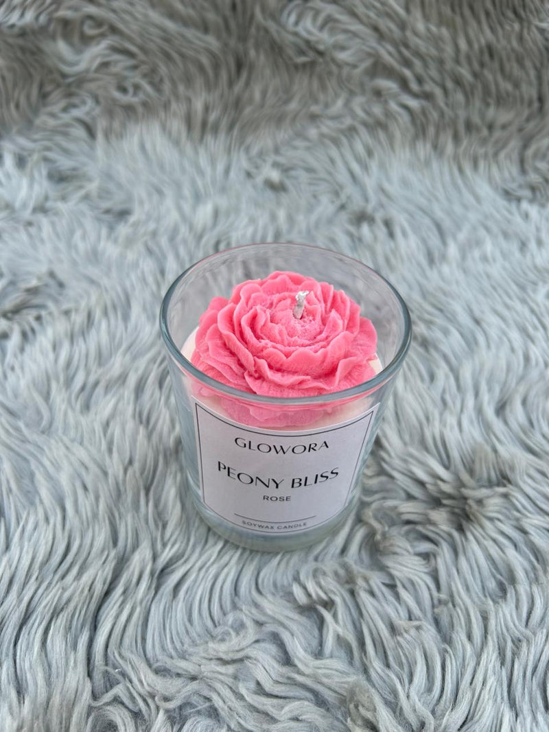 GlowOra Peony Bliss Rose Glass Jar Candle – Handcrafted Soy Wax Flower Candle | Luxury Aromatherapy Rose Scent | Home Décor & Gift Candle