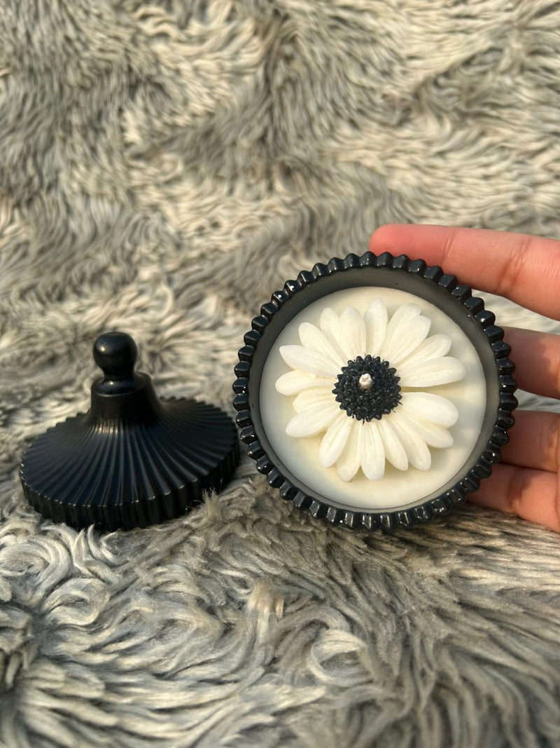 Glowora Handmade Jesmonite Black Ribbed Scented Candle – Luxury Cotton Wick Candle in Reusable Decorative Jar