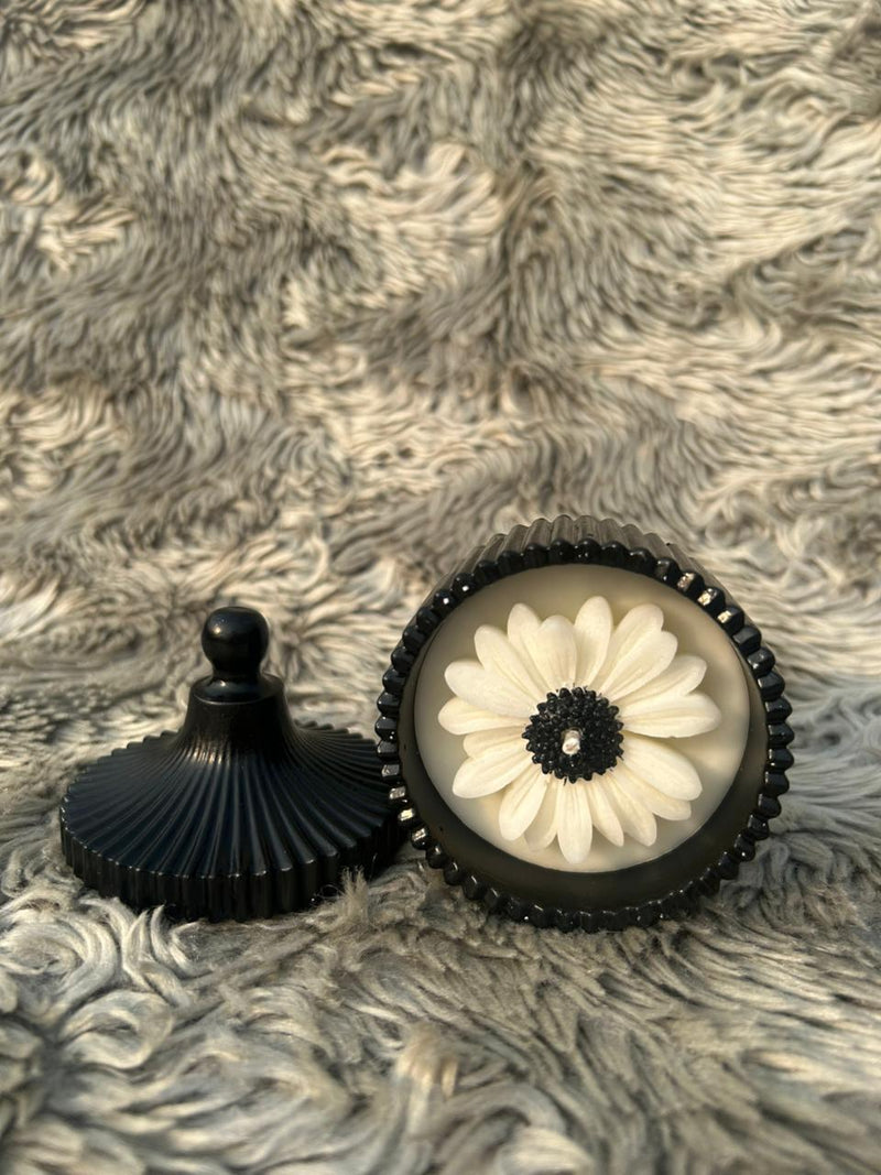 Glowora Handmade Jesmonite Black Ribbed Scented Candle – Luxury Cotton Wick Candle in Reusable Decorative Jar