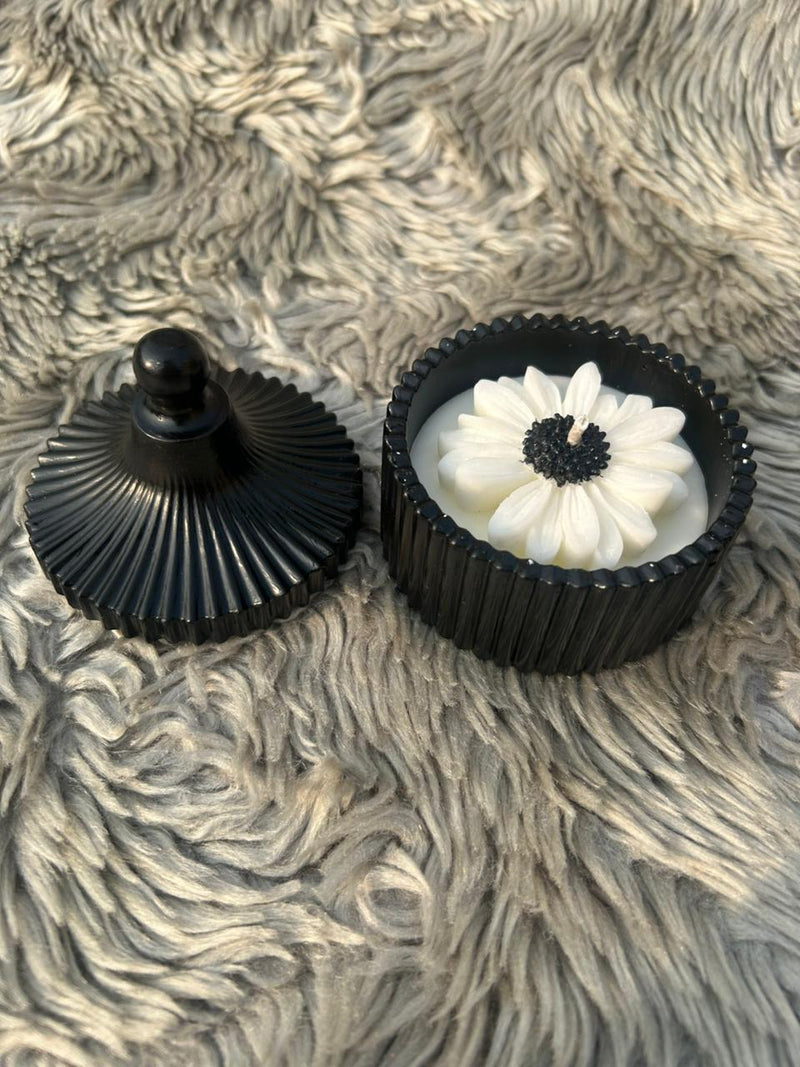 Glowora Handmade Jesmonite Black Ribbed Scented Candle – Luxury Cotton Wick Candle in Reusable Decorative Jar