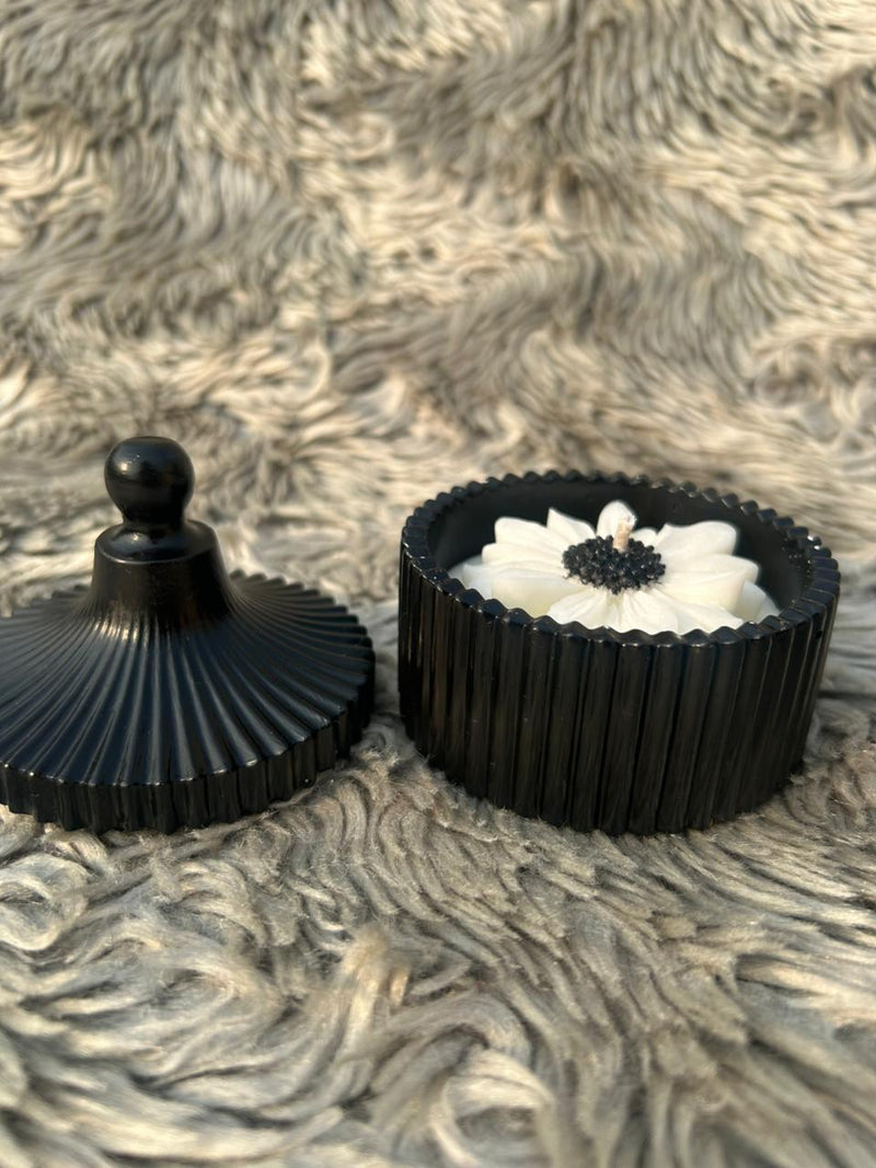 Glowora Handmade Jesmonite Black Ribbed Scented Candle – Luxury Cotton Wick Candle in Reusable Decorative Jar