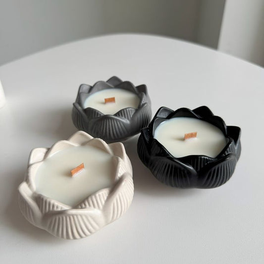 Glowora Lotus Bloom Jesmonite Candle – Handcrafted Lotus Jar with Wooden Wick | Premium Scented Candle for Home Decor, Gifting & Relaxation